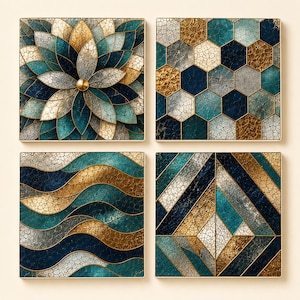 May include: A set of four square wall art tiles featuring a cracked texture finish in shades of teal, navy blue, and metallic gold. The designs include a central floral pattern, a geometric honeycomb grid, flowing horizontal waves, and diagonal stripes.