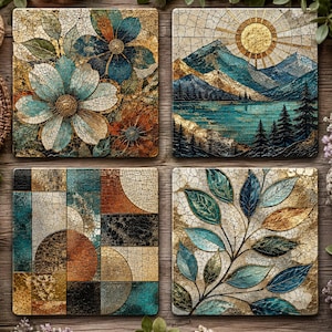 May include: A set of four square coasters featuring a crackled texture. One displays blue and orange flowers, another a mountain landscape with a golden sun, the third a geometric pattern of circles and rectangles, and the fourth a leafy branch.