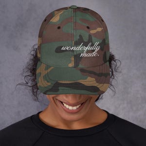 Wonderfully Made Embroidered Camo Dad Hat | Psalm 139:14 Adjustable Baseball Cap | Christian Faith Hat