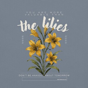 May include: A slate blue graphic print featuring yellow lilies with green leaves. The text reads: YOU ARE MORE VALUABLE THAN the lilies, DON'T BE ANXIOUS ABOUT TOMORROW, and MATTHEW 6:25-34. The design includes small vertical floral accents.