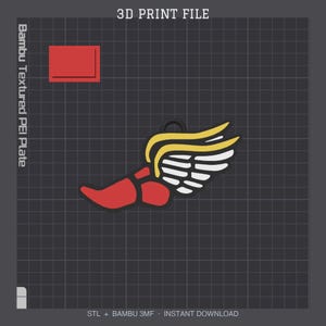 May include: A 3D print file digital graphic featuring a red shoe with white and yellow wings. The text reads 3D PRINT FILE, Bambu Textured PEI Plate, and STL + BAMBU 3MF INSTANT DOWNLOAD. The design is set against a dark gray grid background.