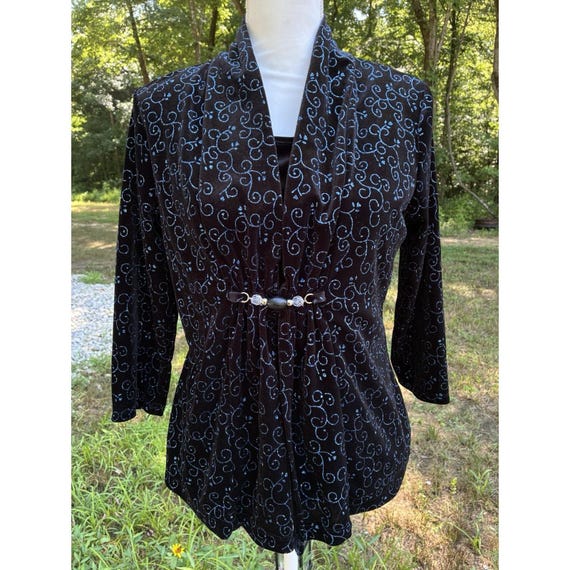 Vintage Y2K Black Velvet Small Glitter Scroll Cardigan Beaded Goth Fairy Grunge