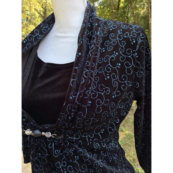 Vintage Y2K Black Velvet Small Glitter Scroll Cardigan Beaded Goth Fairy Grunge View 3