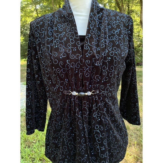 Vintage Y2K Black Velvet Small Glitter Scroll Cardigan Beaded Goth Fairy Grunge View 2