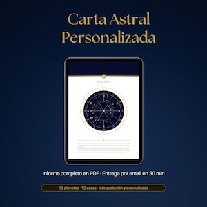 Puede incluir: Una tableta que muestra una carta astral digital personalizada con el texto Carta Astral Personalizada, Tiete Bohn y 12 planetas 12 casas Interpretación personalizada. La pantalla presenta una rueda astrológica circular con letras y líneas sobre un fondo azul oscuro.