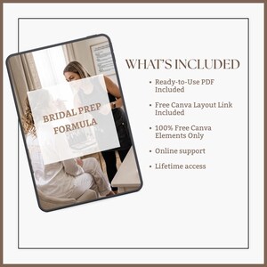 Puede incluir: Un documento digital titulado Bridal Prep Formula que presenta una fotografía de una persona aplicando maquillaje a otra. El texto enumera las inclusiones: PDF listo para usar, enlace de diseño de Canva gratuito, elementos de Canva 100% gratuitos, soporte en línea y acceso de por vida.