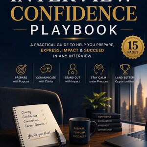 Peut inclure: Le guide Interview Confidence Playbook par Ajit K Sinha de 15 pages présente une couverture bleu foncé avec du texte doré. La couverture affiche le titre, le sous-titre et cinq icônes représentant la préparation, la communication et le succès.
