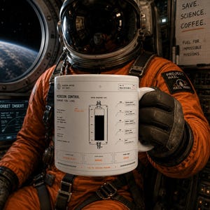 May include: A white ceramic mug featuring a black graphic design resembling a technical fuel gauge labeled Mission Control. The mug displays text including Mission Control, Current Fuel Level, and System Status: Normal, held by a gloved hand.