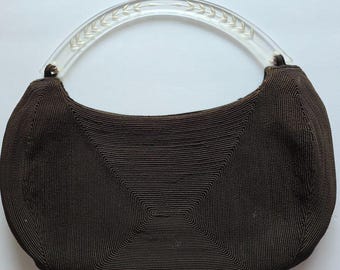 Vintage Genuine Corde Black Cord Handbag Carved Lucite Handle Art Deco
