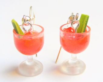 Food Jewelry Bloody Mary Cocktail Earrings, Miniature Food Earrings, Miniature Cocktail , Mini Food  Clip on or Pierced Cocktail Jewelry