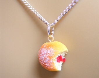 Food Jewelry, Jelly Donut Necklace, Jam Doughnut Necklace, Donut Pendant, Miniature Food, Mini Food, Do Nut Necklace, Kawaii Necklace, Sugar