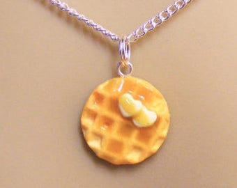 Food Jewelry Waffle Necklace, Waffle Pendant, Miniature Food Jewelry, Mini Food Jewellery, Polymer clay, Heart Necklace, Kawaii Necklace