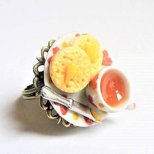 Food Jewelry, Crumpets and Tea Ring, Miniature Food Jewelry, Mini Food, Miniature Food Ring, Dolls House Food, Tea and crumpets, Kawaii ring image 1