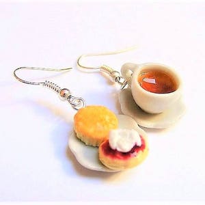 Food Jewelry Tea and Scone Earrings, Cream Tea Earrings Devon tea Miniature Food Clip on & Pierced Mini Food Jewelry Dollhouse Food Tea cup