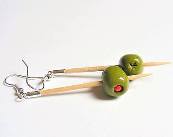 Food Jewelry Martini Olive Earrings Martini Earrings Miniature Food Stuffed Olives Handmade Mini Food Pierced and clip on Olive Charm kawaii