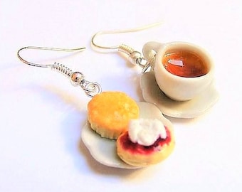 Food Jewelry Tea and Scone Earrings, Cream Tea Earrings Devon tea Miniature Food Clip on & Pierced Mini Food Jewelry Dollhouse Food Tea cup