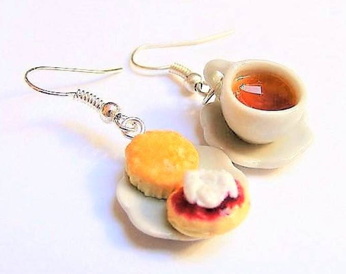 Food Jewelry Tea and Scone Earrings, Cream Tea Earrings Devon Tea