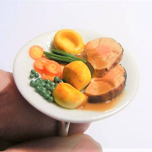 Roast Beef Dinner Ring, Food Jewelry, Miniature Food Ring, Handmade Jewelry, Mini Food, Food Jewellery, Sunday Dinner, Roast Beef Charm