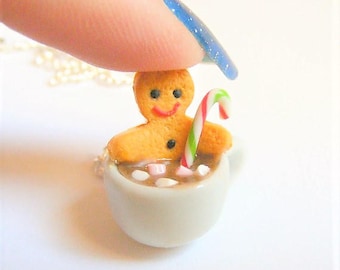 Food Jewelry, Gingerbread Man Necklace, Christmas Necklace Gingerbread Man in Hot Chocolate, Miniature Food Necklace, Xmas gift, Mini Food