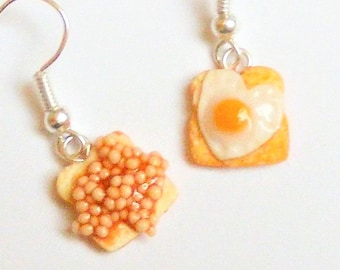 Food Jewelry Egg and Beans on Toast Earrings, Miniature Food Earrings, Mini food Baked Beans Toast Jewelry  Fried Egg pierced and clip on