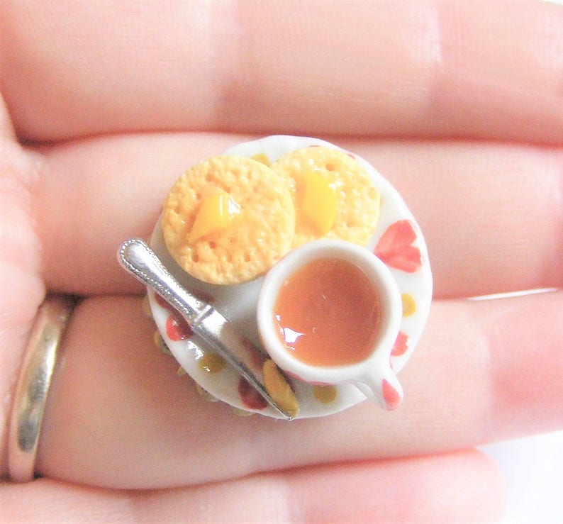 Food Jewelry, Crumpets and Tea Ring, Miniature Food Jewelry, Mini Food, Miniature Food Ring, Dolls House Food, Tea and crumpets, Kawaii ring image 4