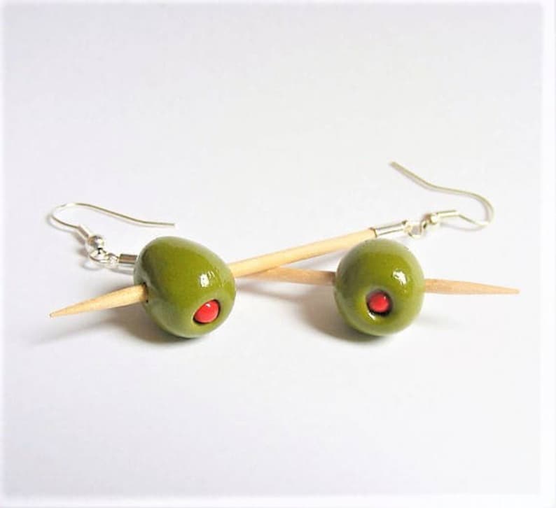 Food Jewelry Martini Olive Earrings Martini Earrings Miniature Food Stuffed Olives Handmade Mini Food Pierced and clip on Olive Charm kawaii image 2