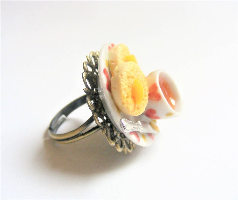 Food Jewelry, Crumpets and Tea Ring, Miniature Food Jewelry, Mini Food, Miniature Food Ring, Dolls House Food, Tea and crumpets, Kawaii ring image 2