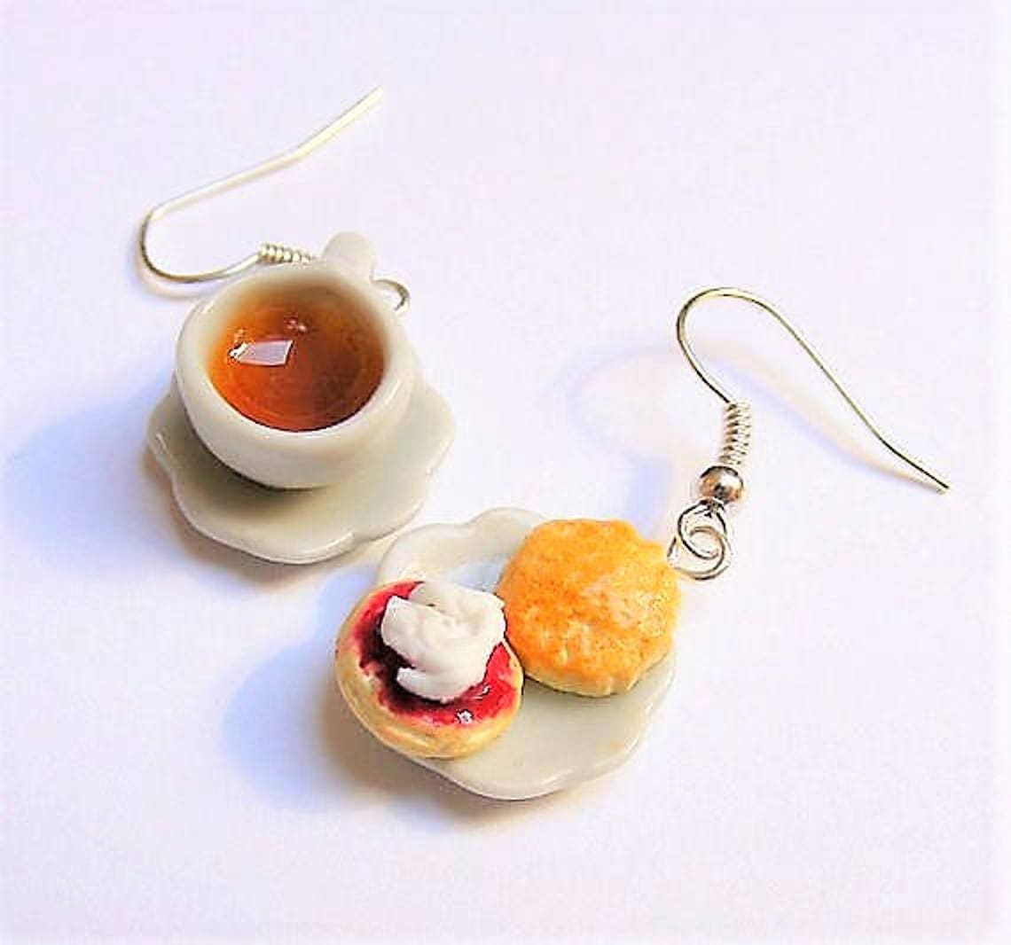 Food Jewelry Tea and Scone Earrings Cream Tea Earrings Etsy