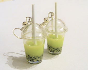 Food Jewelry, Macha Boba tea Earrings Bubble tea earrings Tapioca tea Pearl milk tea Miniature Food Mini Food Tea Lover drop or clip ons