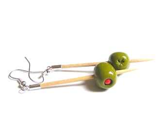 Food Jewelry, Martini Olive Earrings, Martini Earrings, Miniature Food, Stuffed Olive Earrings, Handmade, Mini Food Olive Charm Gift for her