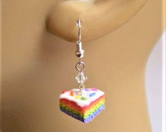 Food Jewelry Rainbow Cake Earrings, Miniature Food Mini Food Clip on earrings None pierced Kawaii Earrings Gay Pride Jewelry Rainbow Jewelry