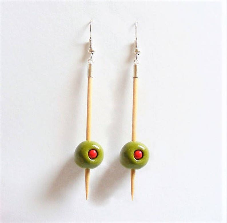 Food Jewelry Martini Olive Earrings Martini Earrings Miniature Food Stuffed Olives Handmade Mini Food Pierced and clip on Olive Charm kawaii image 4