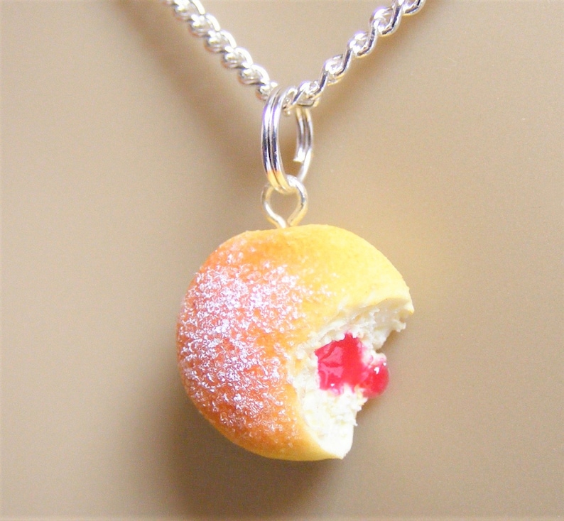 Food Jewelry, Jelly Donut Necklace, Jam Doughnut Necklace, Donut Pendant, Miniature Food, Mini Food, Do Nut Necklace, Kawaii Necklace, Sugar image 3