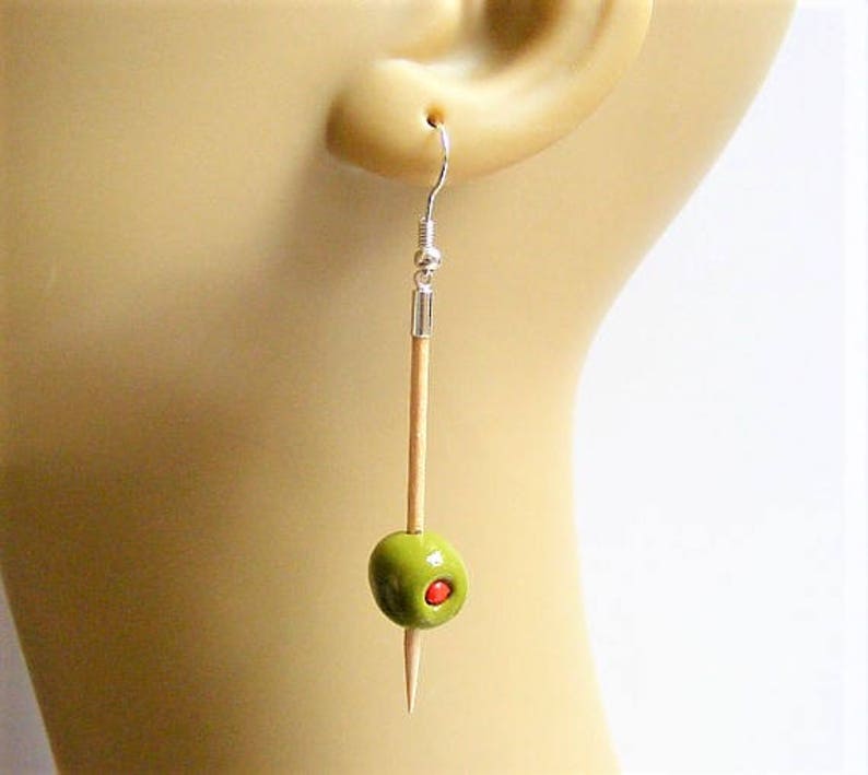 Food Jewelry Martini Olive Earrings Martini Earrings Miniature Food Stuffed Olives Handmade Mini Food Pierced and clip on Olive Charm kawaii image 5