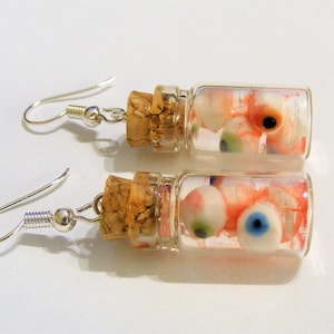 Halloween earrings, Eyeballs in a Bottle Earrings, Miniature Bottle, Eyeball earrings, Bottle of Eyes, Halloween Jewelry, Clip on or pierced