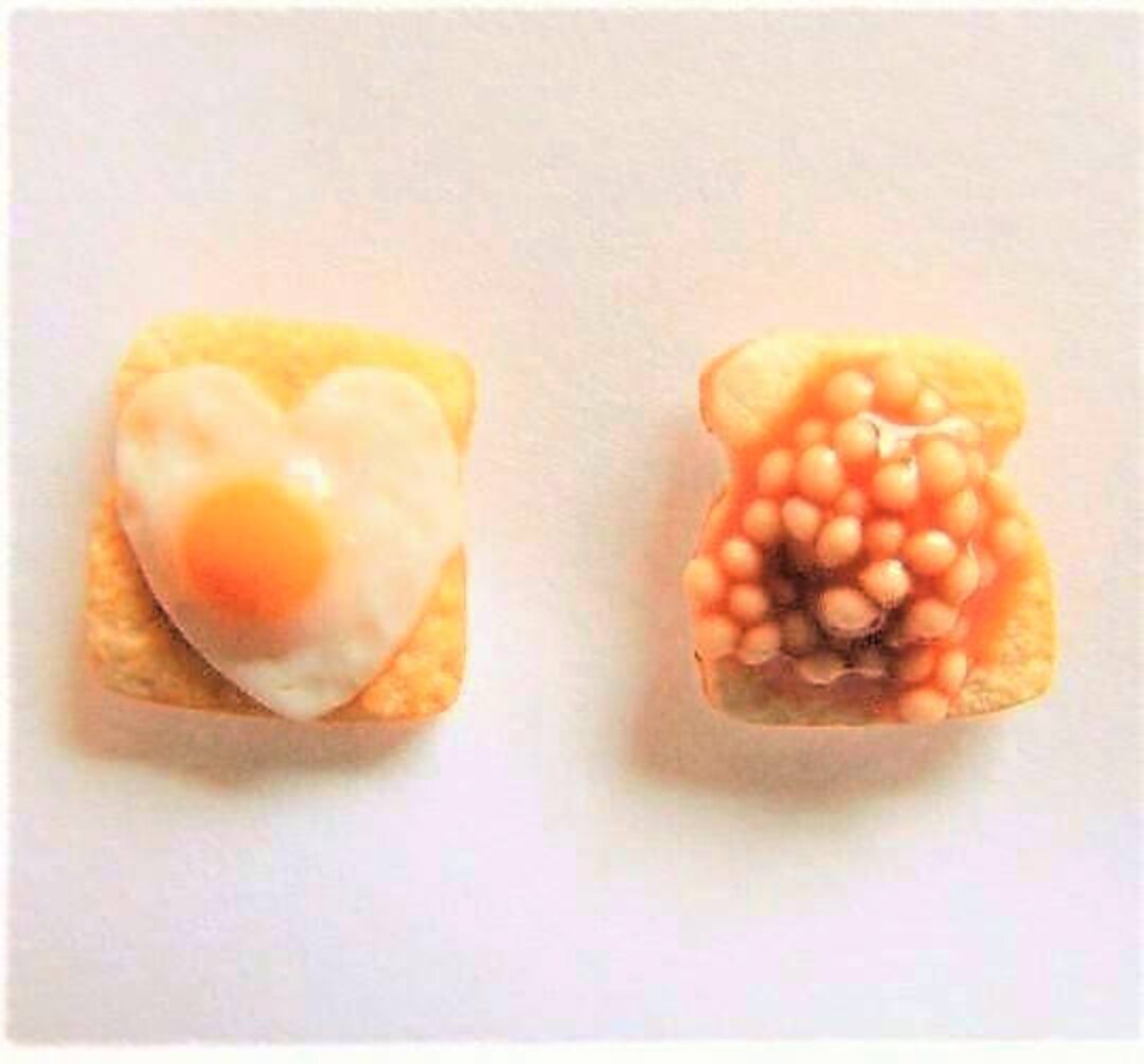 Food Jewelry Egg and Beans on Toast Earrings, Miniature Food Earrings