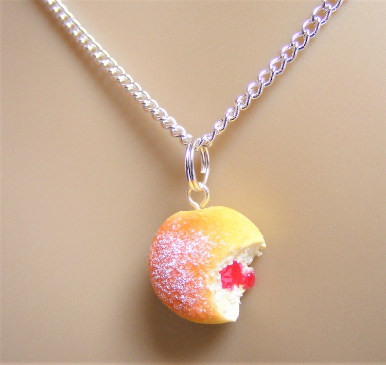 Food Jewelry, Jelly Donut Necklace, Jam Doughnut Necklace, Donut Pendant, Miniature Food, Mini Food, Do Nut Necklace, Kawaii Necklace, Sugar image 1