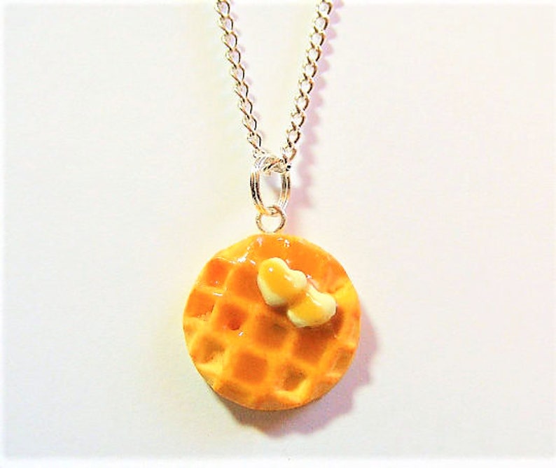 Food Jewelry Waffle Necklace, Waffle Pendant, Miniature Food Jewelry, Mini Food Jewellery, Polymer clay, Heart Necklace, Kawaii Necklace image 2