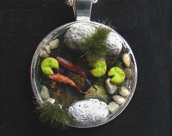 Koi Fish Pond Necklace, Pond Pendant, Zen Necklace, Miniature Food Jewelry, Mini Food Jewelry, Japanese Fish, Koi Carp, Goldfish Pond, Yoga