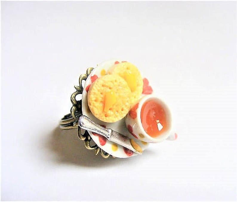 Food Jewelry, Crumpets and Tea Ring, Miniature Food Jewelry, Mini Food, Miniature Food Ring, Dolls House Food, Tea and crumpets, Kawaii ring image 1