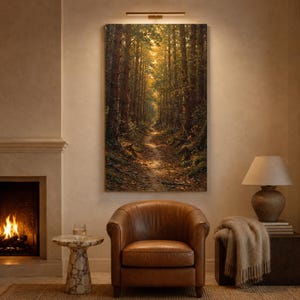 May include: A rectangular wall art print depicting a forest path surrounded by tall trees with golden sunlight filtering through the canopy. The scene features earthy tones of brown, green, and amber, capturing a dense woodland trail.