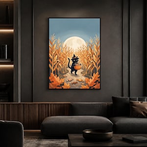 Peut inclure: Une impression d'art mural encadrée représentant un chat noir portant un chapeau de sorcière, marchant dans un champ de maïs sous une pleine lune. Le chat porte un seau citrouille orange rempli de bonbons, avec des friandises et des feuilles d'automne.