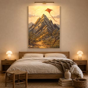 Mountain Landscape Canvas Art, Rust Red Kite Scene, Rustic Adventure Decor