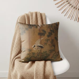 Japanese Style Crane Pillow Cover, Cotton Poly Blend with Bamboo and Pine on Antique Gold Brown, Vintage Inspired Sofa and Bedroom Decor