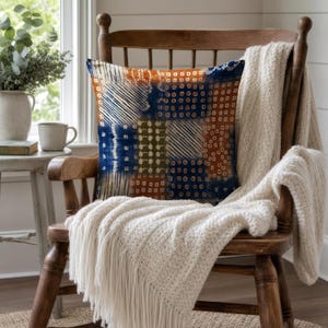 Geometric Pillow Cover with Navy Blue and Rust Patchwork Print, Eclectic Boho Sofa Decor