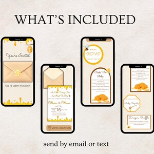 May include: Four smartphone screens displaying digital baby shower invitation templates with a honey bee theme. The designs feature yellow honey drips, bee illustrations, and text including You're Invited, RSVP, Books For Baby, and Diaper Raffle.