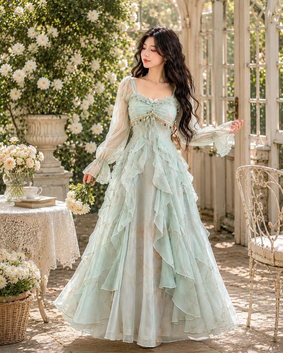 mint green sheer dress Ruffle Maxi Dress, Fairycore Cottagecore Gown, Romantic Long Sleeve Tulle Gown Party dress