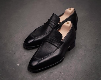Primo Pelle Men's Black Grain Leather Men's Handmade Slip On Mocassin Formal Shoes.