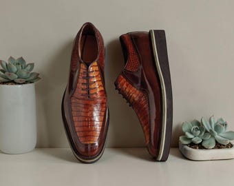Men's Two-Tone Croc Embossed Leather Formal Shoes, Rubber Sole Lace-Up Primo Pelle