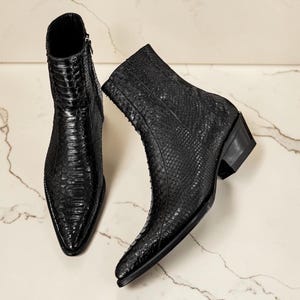 Primo Pelle Black Python Embossed Leather Men's Handmade Side Zipper Ankle Formal Boots.